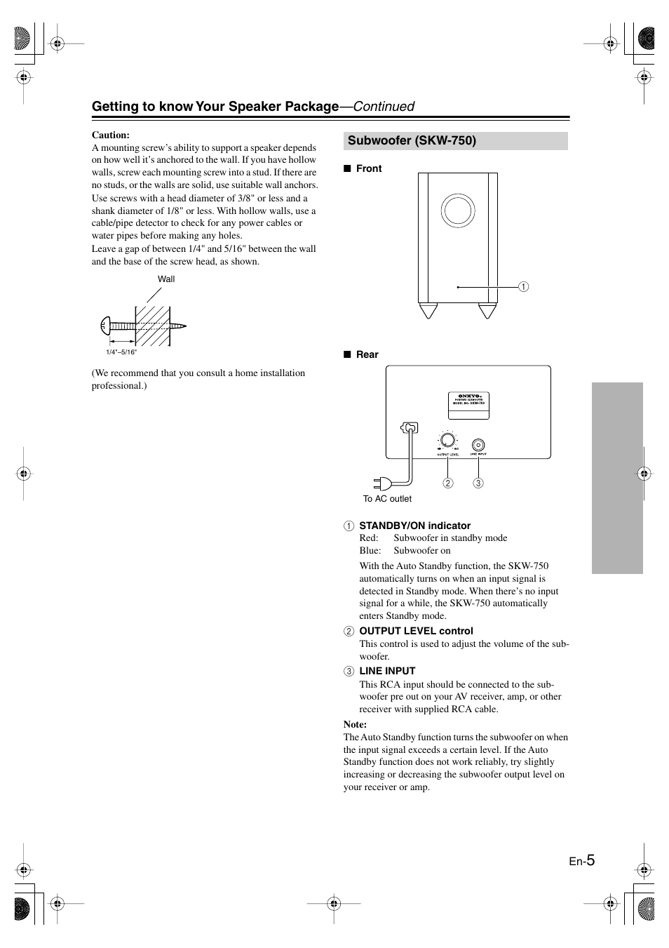 Subwoofer (skw-750), Getting to know your speaker package —continued | Panasonic SKS-HT750 User Manual | Page 5 / 28