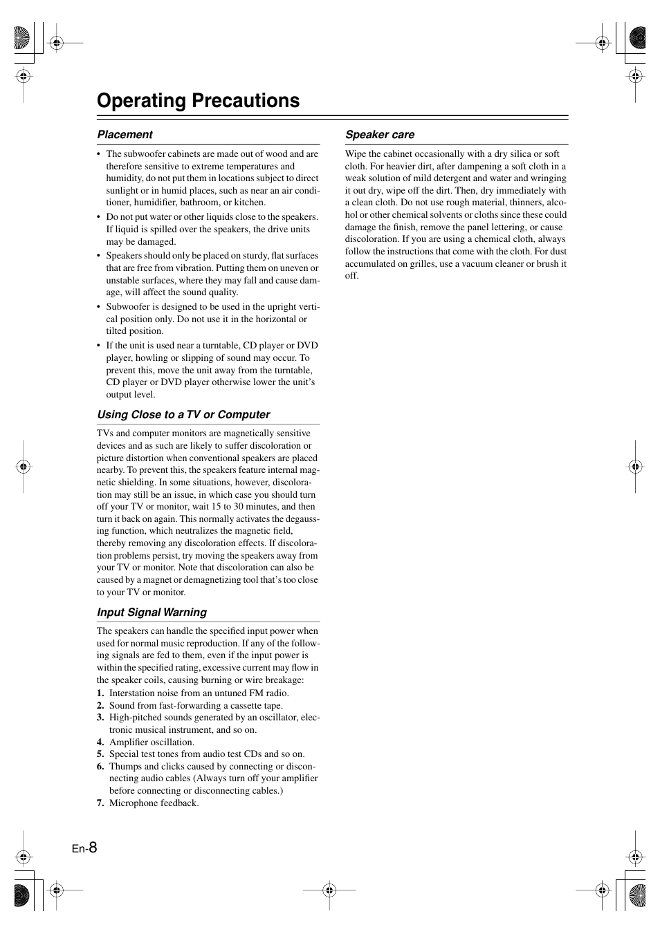 Operating precautions, Appendix | Panasonic SKS-HT750 User Manual | Page 8 / 28