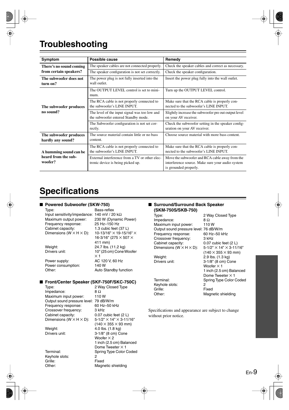 Troubleshooting, Specifications, Troubleshooting specifications | Panasonic SKS-HT750 User Manual | Page 9 / 28