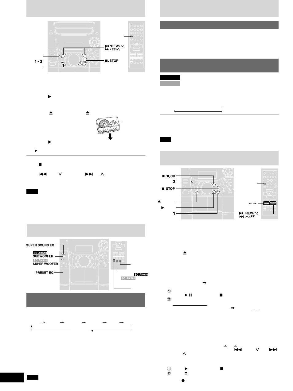 Cassettes, Sound quality/sound field, Recording | Cassettes recording, Press [ : , tape, Press [ : , tape] to start playback, Front side, Select the source to be recorded, Press [ a rec] to start recording, Press [preset eq] to select a setting | Panasonic SC-AK510 User Manual | Page 14 / 20