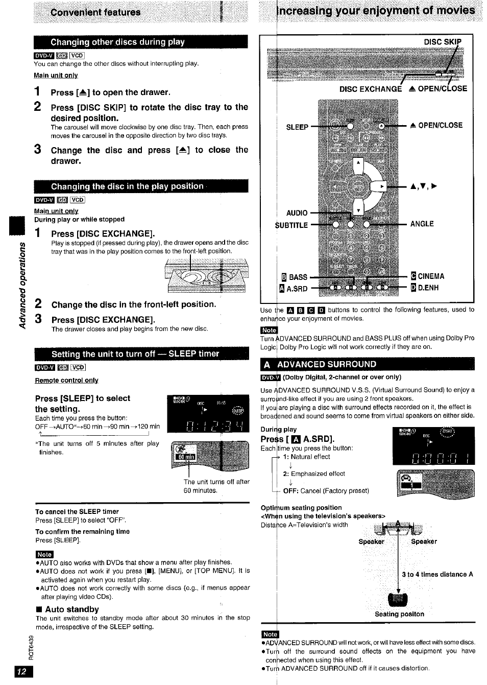 Convenient features, Changing other discs during play, 1 press [^] to open the drawer | Changing the disc in the play position, Press [disc exchange, Setting the unit to turn off sleep timer, Press [sleep] to select the setting | Panasonic DVD-CV52 User Manual | Page 12 / 18
