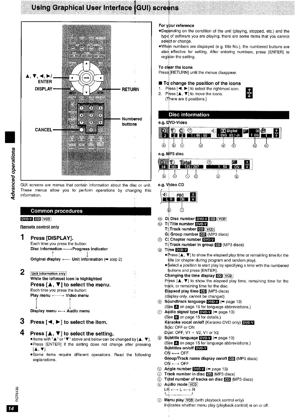 Common procedures, 1 press [display, Press [◄, ►] to select the item | Press [a,t ] to select the setting, Using graphical user interface, Screons | Panasonic DVD-CV52 User Manual | Page 14 / 18