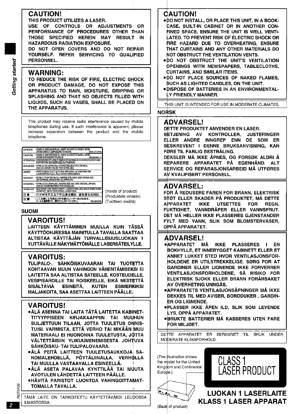 Caution, Warning, Varoitus | Dvarsel, Advarsel, Luokan 1 laserlaite klass 1 laser apparat, Suomi, Norsk | Panasonic DVD-CV52 User Manual | Page 2 / 18