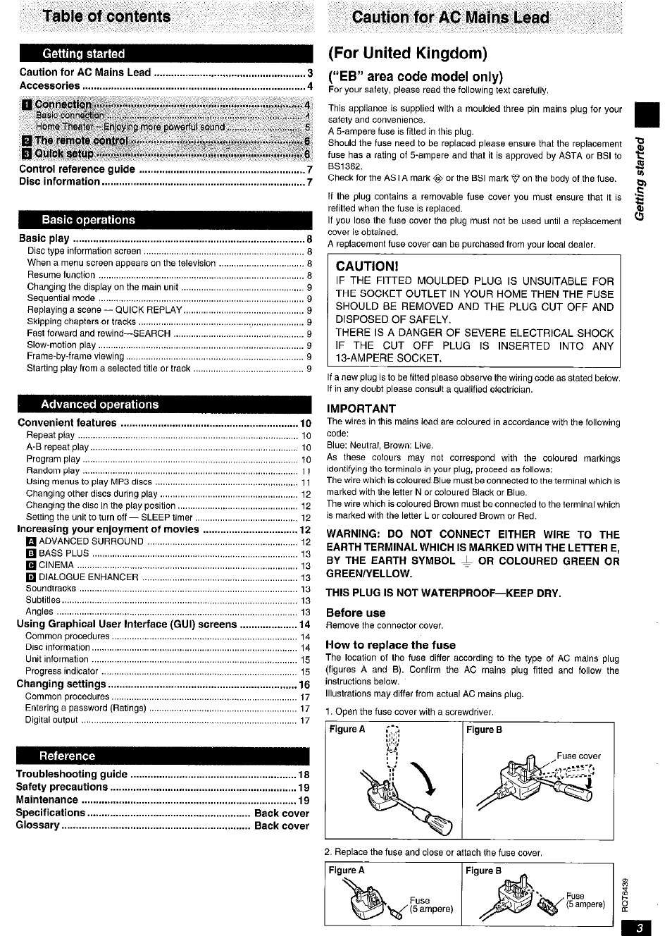Getting started, Table of contents caution for ac mains lead, For united kingdom) | Basic operations, Advanced operations, Caution, Important, Before use, How to replace the fuse | Panasonic DVD-CV52 User Manual | Page 3 / 18