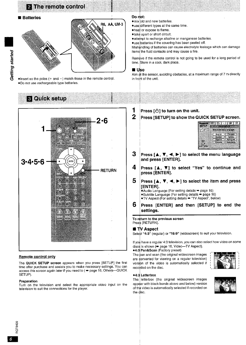 Batteries, Return, 1 press [(i)] to turn on the unit | 2 press [setup] to show the quick setup screen, Tv aspect, B the remote control, Qiifck setup | Panasonic DVD-CV52 User Manual | Page 6 / 18