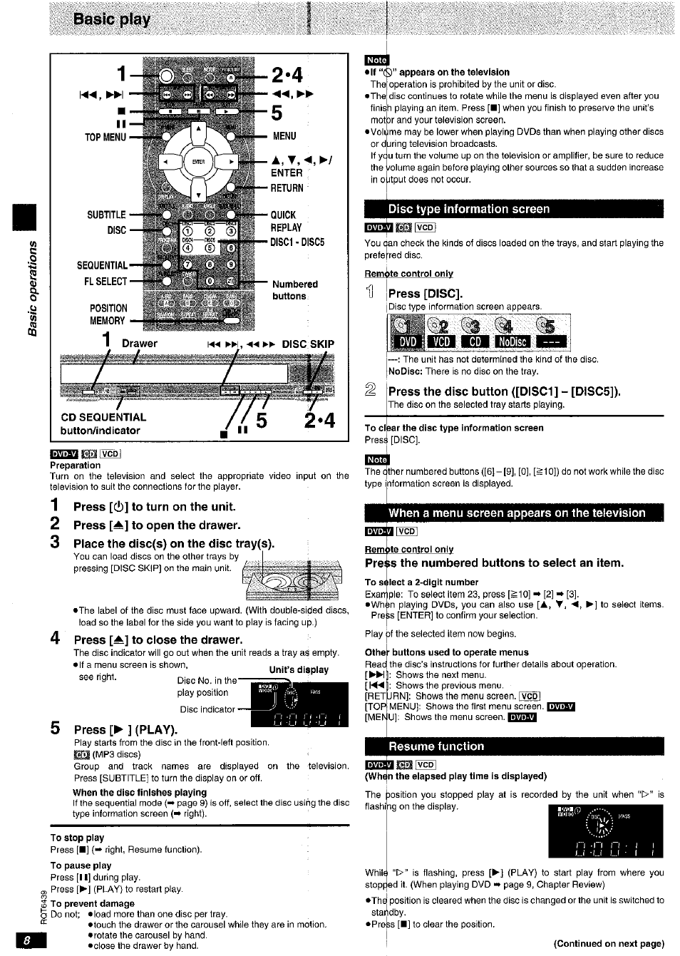 Disc type information screen, When a menu screen appears on the television, Resume function | Wa biiim imibi b, Basic play, S2 <33 | Panasonic DVD-CV52 User Manual | Page 8 / 18