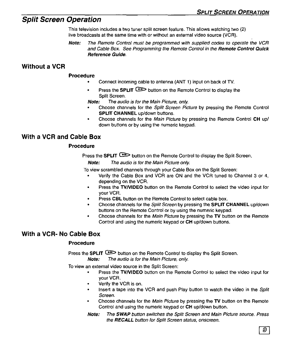 Split screen operation, Without a vcr, Procedure | With a vcr and cable box, With a vcr- no cable box, With a vcr -no cable box | Panasonic PT 56WXF95 User Manual | Page 11 / 26