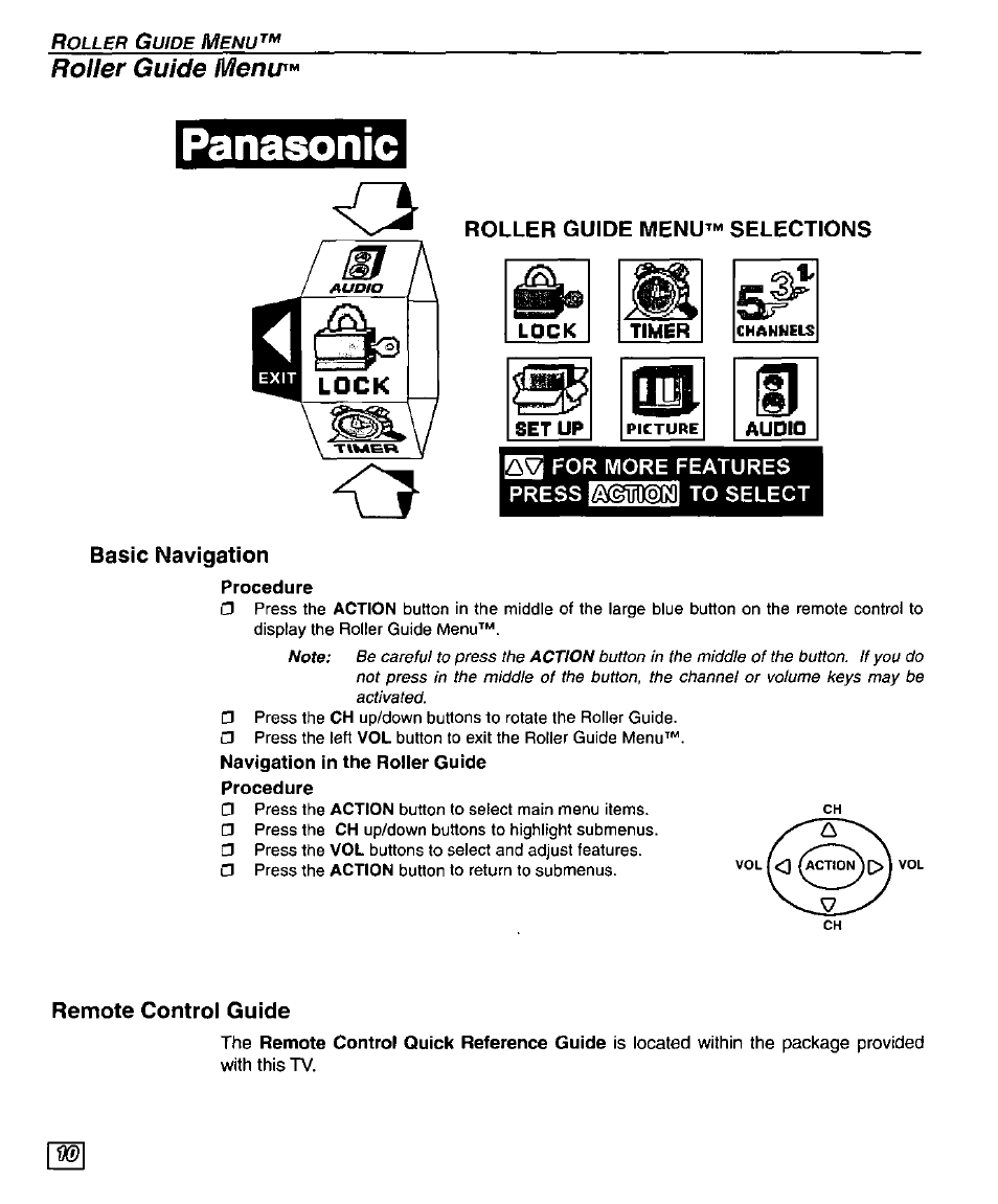 Roller guide menu, Panasonic, Roller guide menu^» selections | M for more features press to select, Basic navigation, Procedure, Navigation in the roller guide, Remote control guide, Basic navigation remote control guide, Roller guide menu chart | Panasonic PT 56WXF95 User Manual | Page 12 / 26