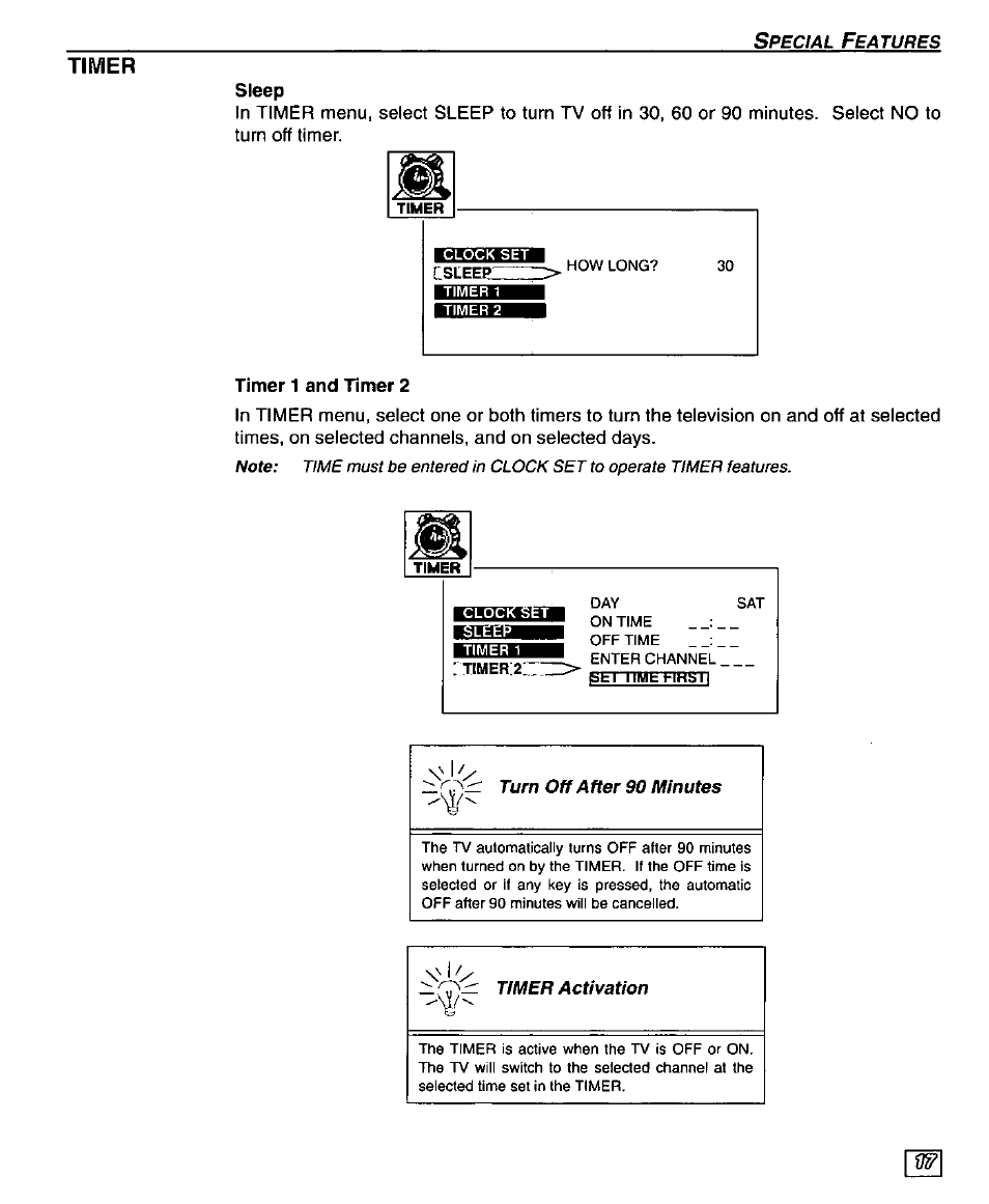 Timer, Sleep, Timer 1 and timer 2 | Panasonic PT 56WXF95 User Manual | Page 19 / 26