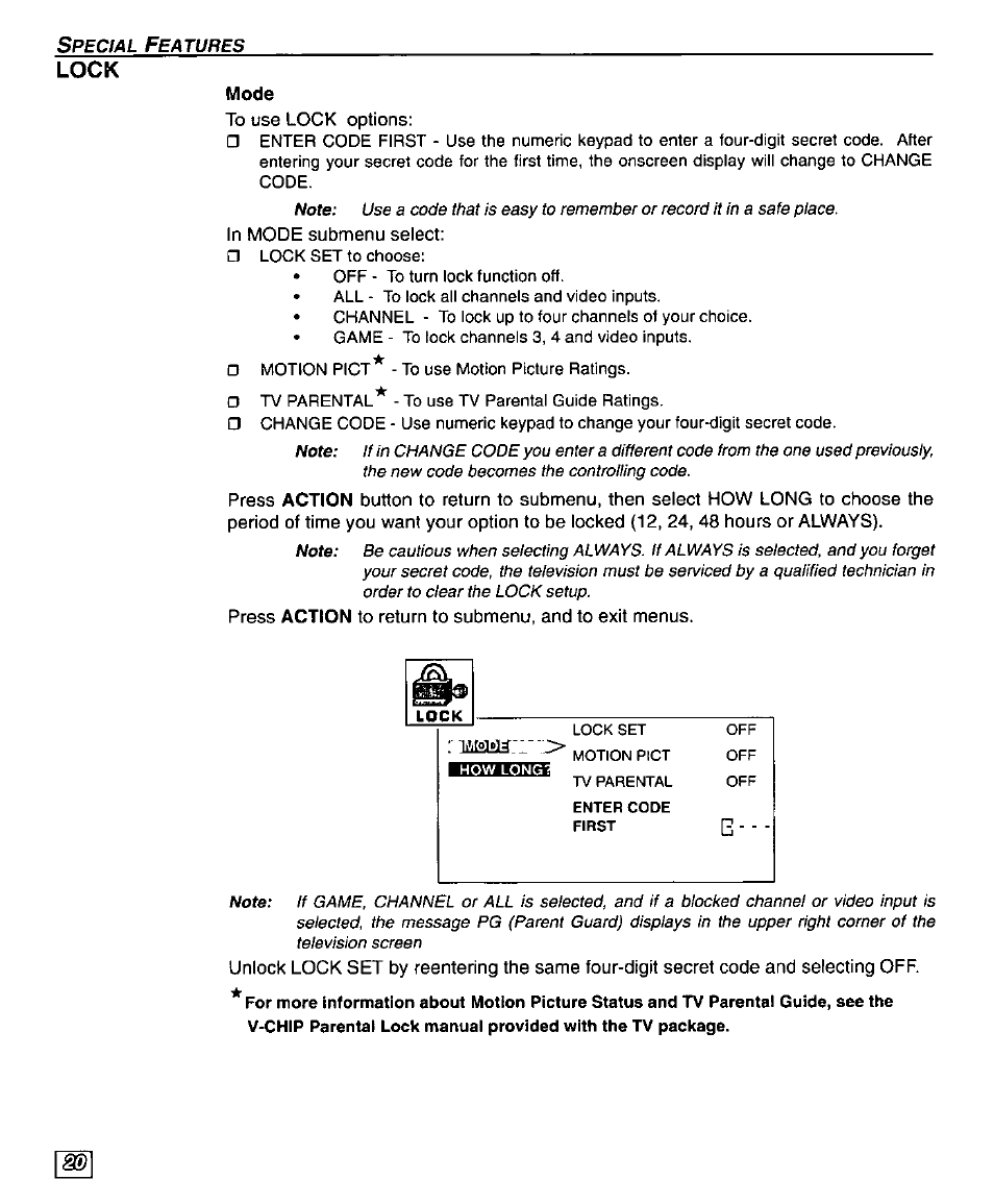 Lock, Mode | Panasonic PT 56WXF95 User Manual | Page 22 / 26