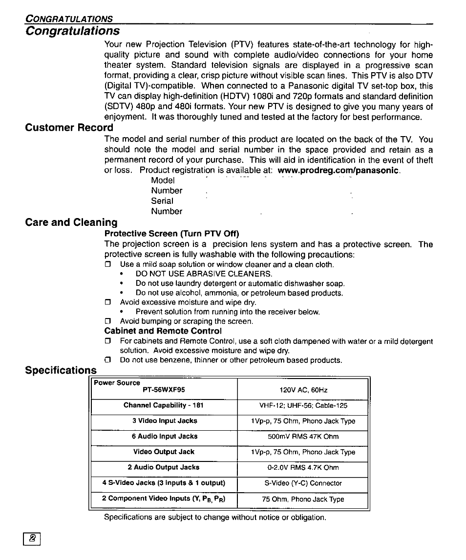 Congratufations, Care and cleaning, Protective screen (turn ptv off) | Cabinet and remote control, Congratulations, Customer record | Panasonic PT 56WXF95 User Manual | Page 4 / 26