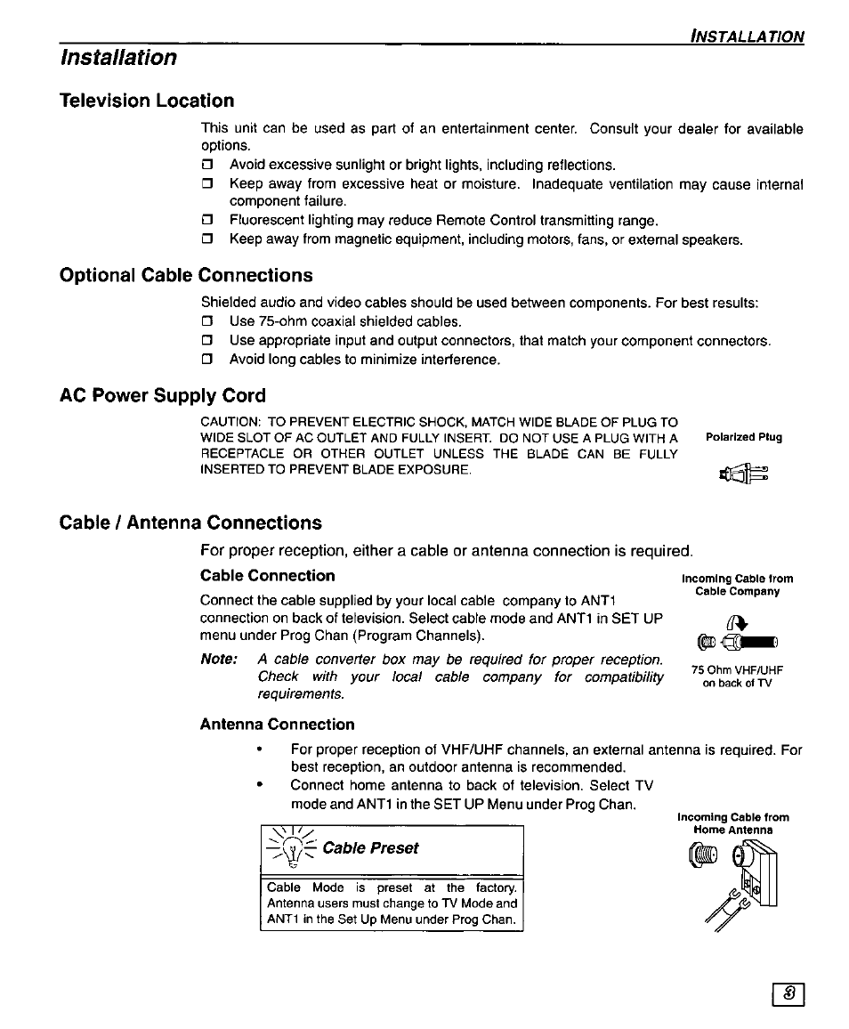 Installation, Television location, Optional cable connections | Ac power supply cord, Cable / antenna connections, Cable connection, Antenna connection, Cab/e preset, Cable box connection | Panasonic PT 56WXF95 User Manual | Page 5 / 26