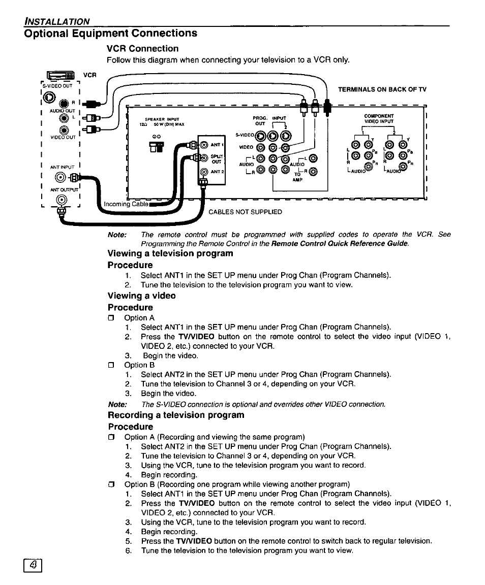 Optional equipment connections, Vcr connection, Viewing a teievision program procedure | Viewing a video, Procedure, Recording a teievision program procedure | Panasonic PT 56WXF95 User Manual | Page 6 / 26