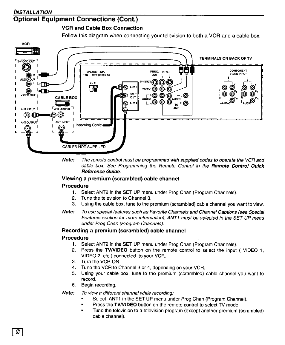 Optional equipment connections (cont.), Vcr and cable box connection | Panasonic PT 56WXF95 User Manual | Page 8 / 26