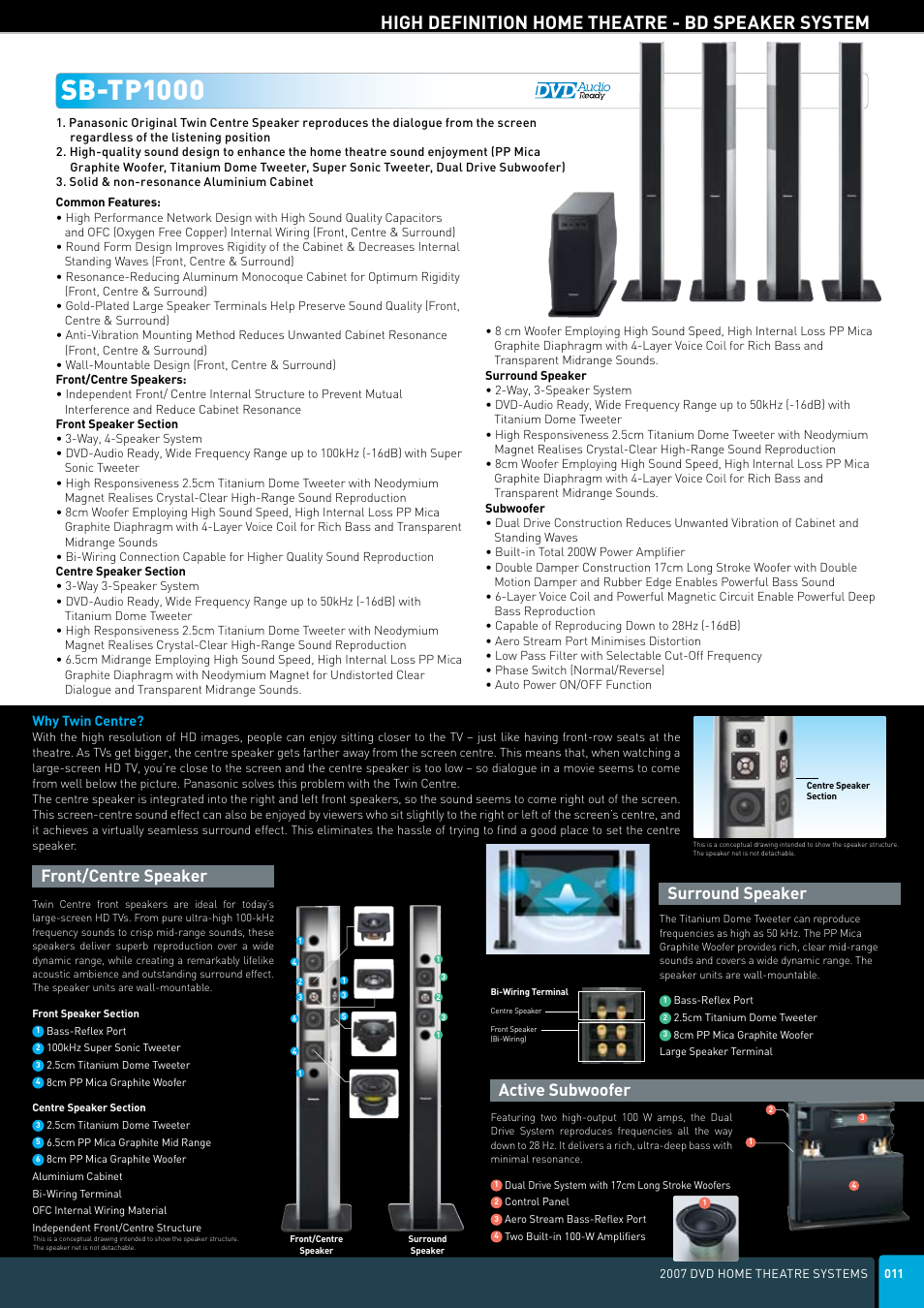 Sb-tp1000, High definition home theatre - bd speaker system, Front/centre speaker | Surround speaker, Active subwoofer | Panasonic DVD Home Theatre System User Manual | Page 11 / 36