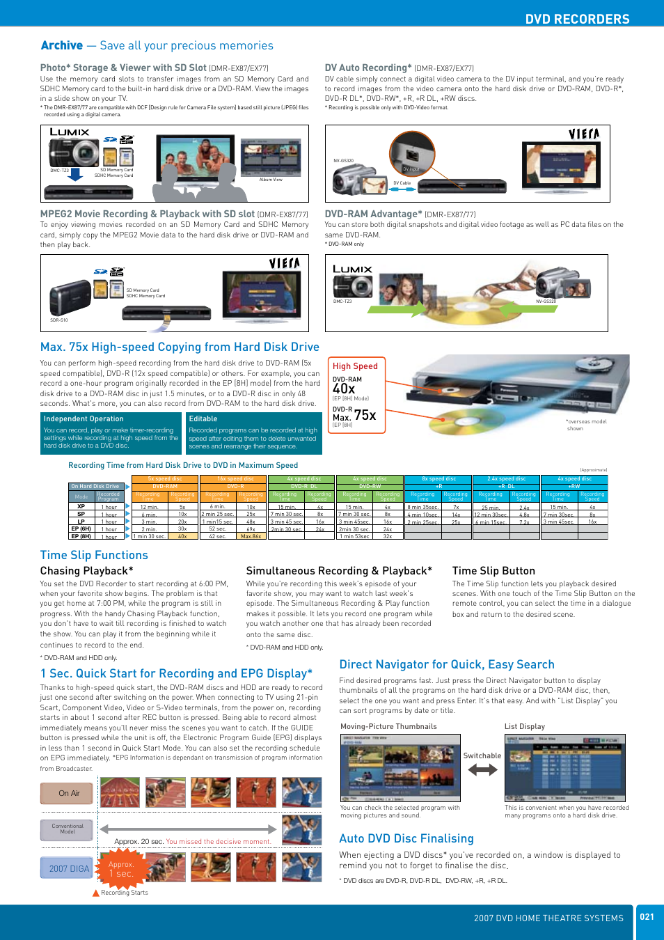 Dvd recorders, 1 sec. quick start for recording and epg display, Max. 75x high-speed copying from hard disk drive | Auto dvd disc finalising, Direct navigator for quick, easy search, Time slip functions, Chasing playback, Simultaneous recording & playback, Time slip button, Photo* storage & viewer with sd slot | Panasonic DVD Home Theatre System User Manual | Page 21 / 36