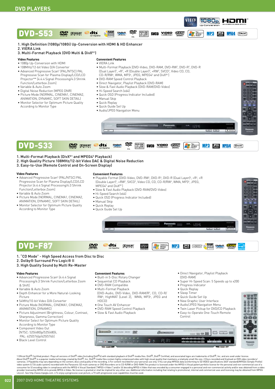 Dvd-s53, Dvd-s33, Dvd-f87 | Dvd players | Panasonic DVD Home Theatre System User Manual | Page 22 / 36