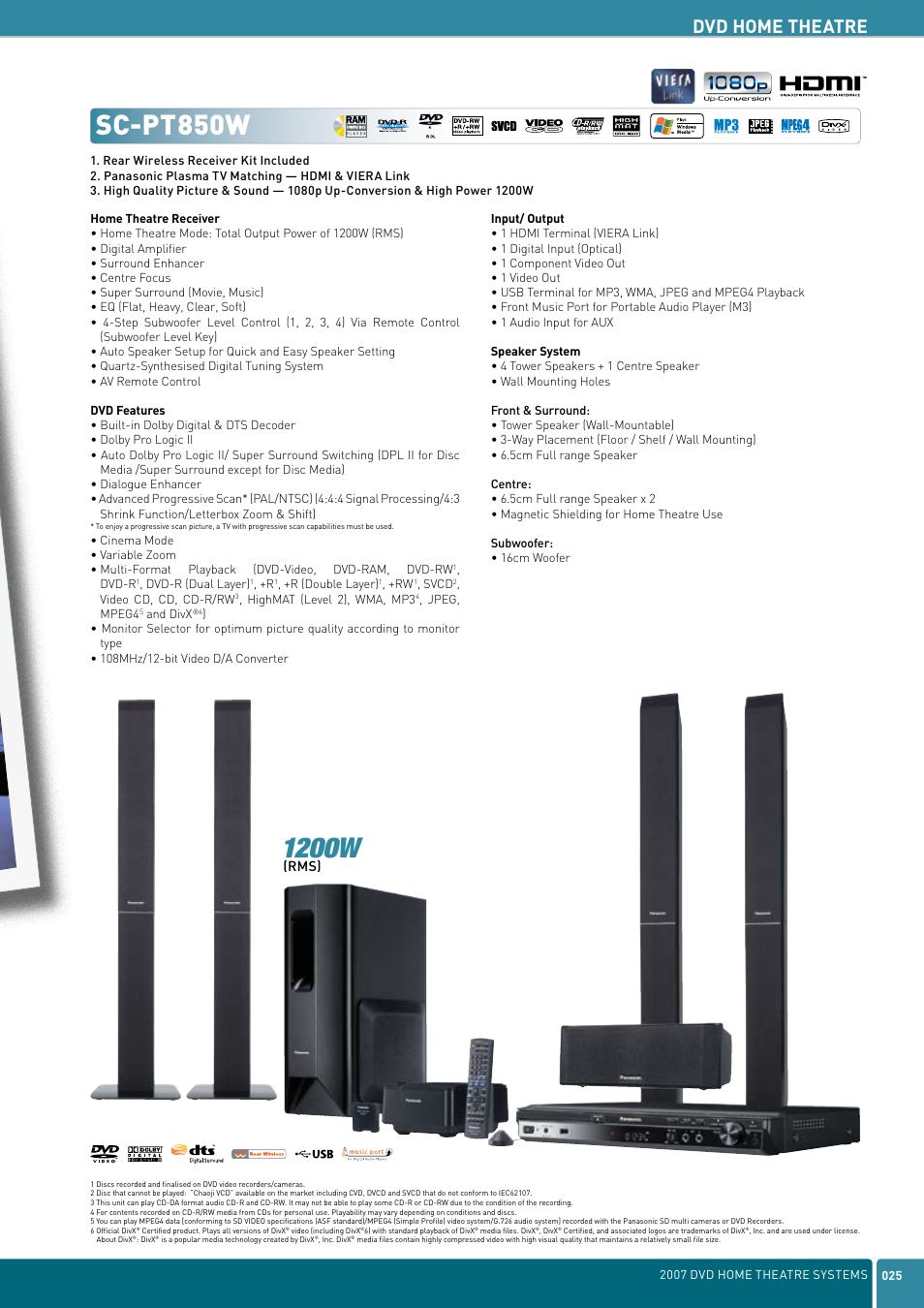 Sc-pt850w, 1200w, Dvd home theatre | Rms) | Panasonic DVD Home Theatre System User Manual | Page 25 / 36