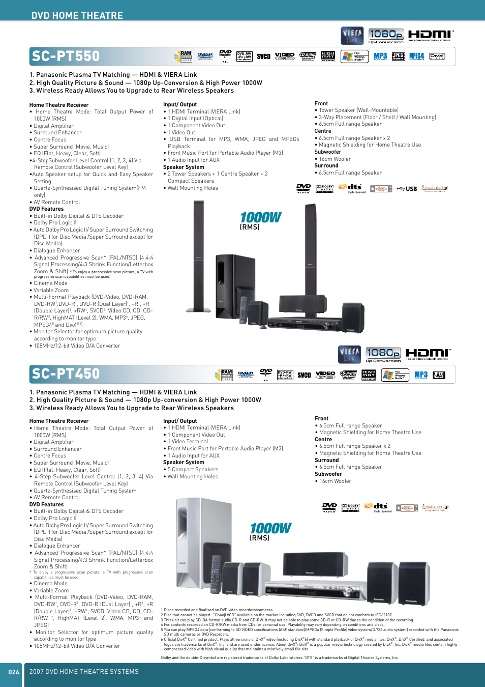 Sc-pt550, 1000w, Sc-pt450 | Dvd home theatre, Rms) | Panasonic DVD Home Theatre System User Manual | Page 26 / 36