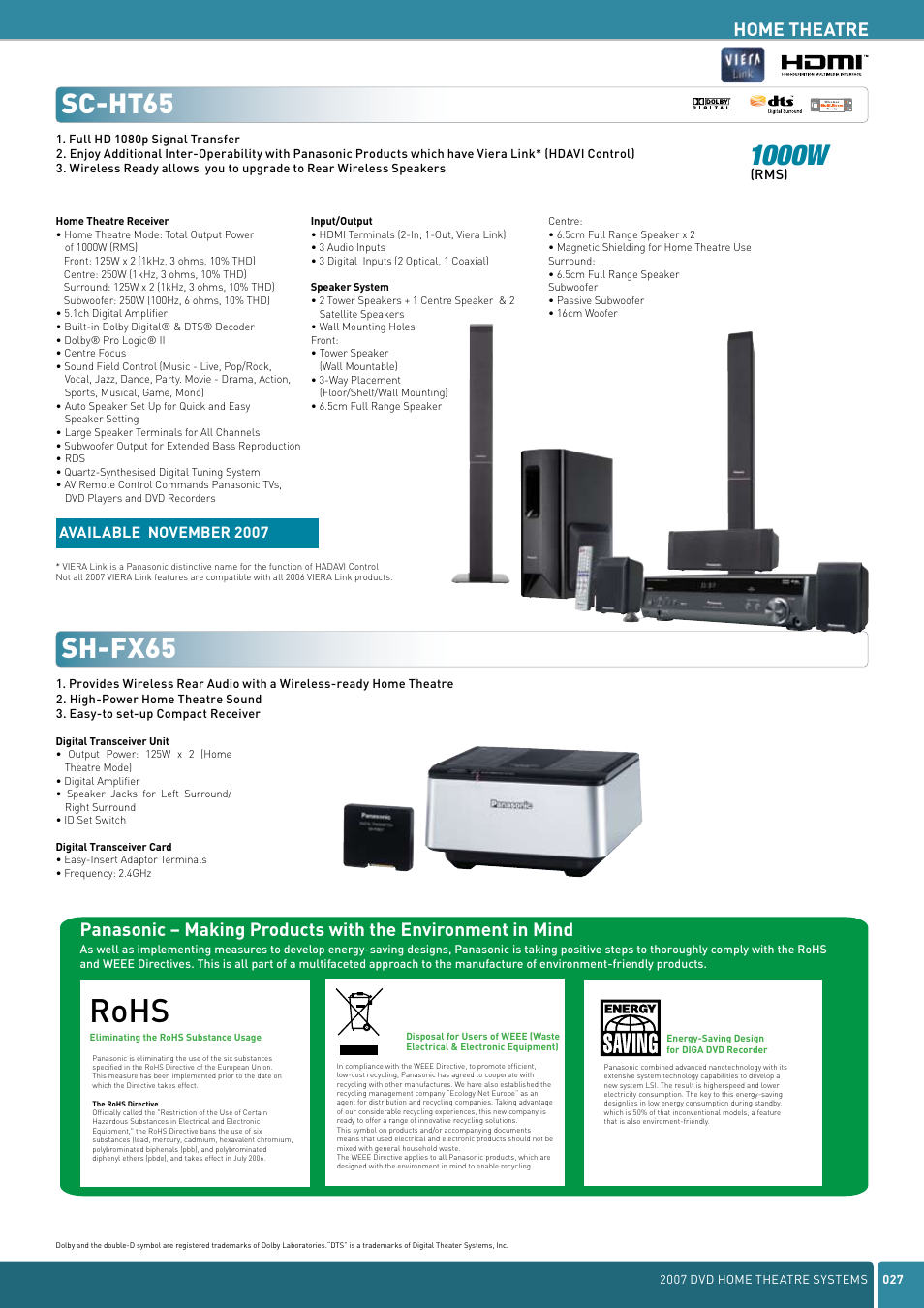 Rohs, Sh-fx65, Sc-ht65 | 1000w, Home theatre, Available november 2007 | Panasonic DVD Home Theatre System User Manual | Page 27 / 36