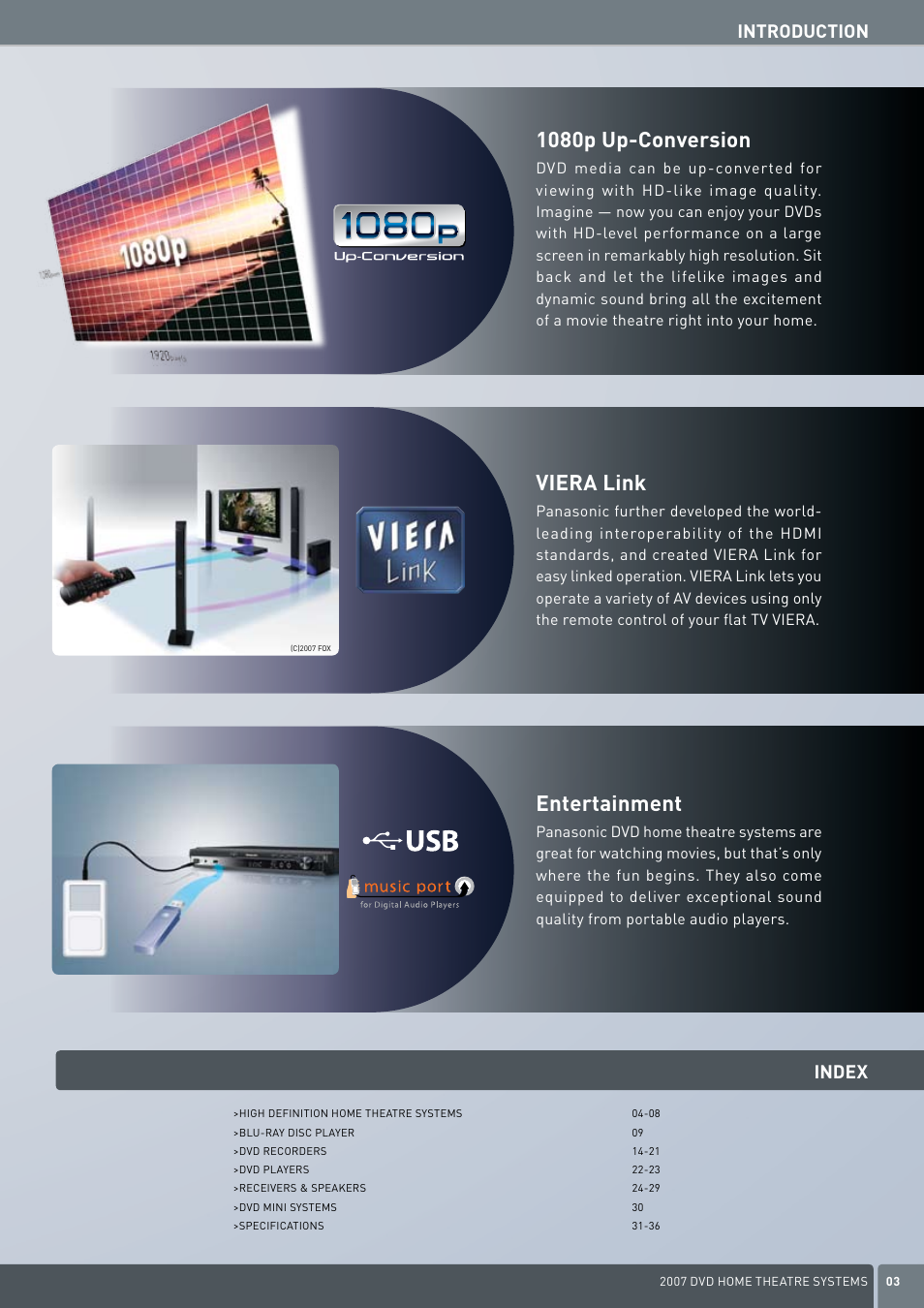 1080p up-conversion, Viera link, Entertainment | Introduction, Index | Panasonic DVD Home Theatre System User Manual | Page 3 / 36