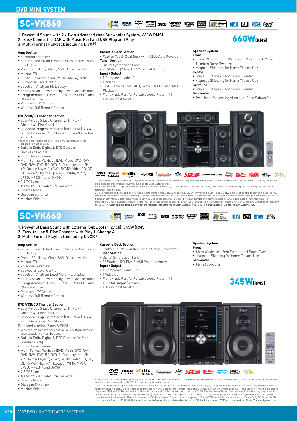 Sc-vk860, Sc-vk660, 660w | 345w, Dvd mini system | Panasonic DVD Home Theatre System User Manual | Page 30 / 36