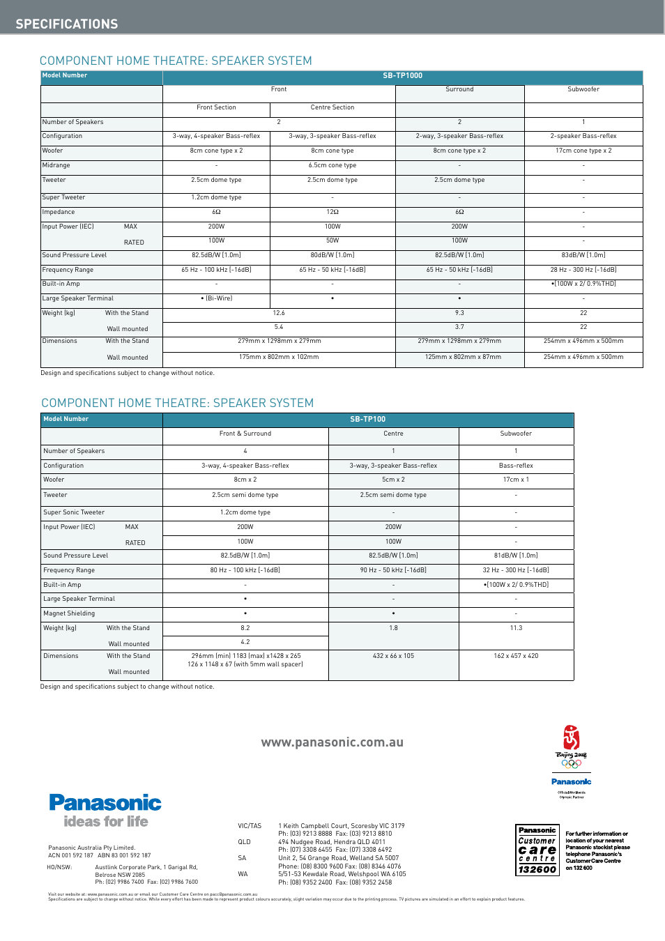 Specifications, Component home theatre: speaker system | Panasonic DVD Home Theatre System User Manual | Page 36 / 36