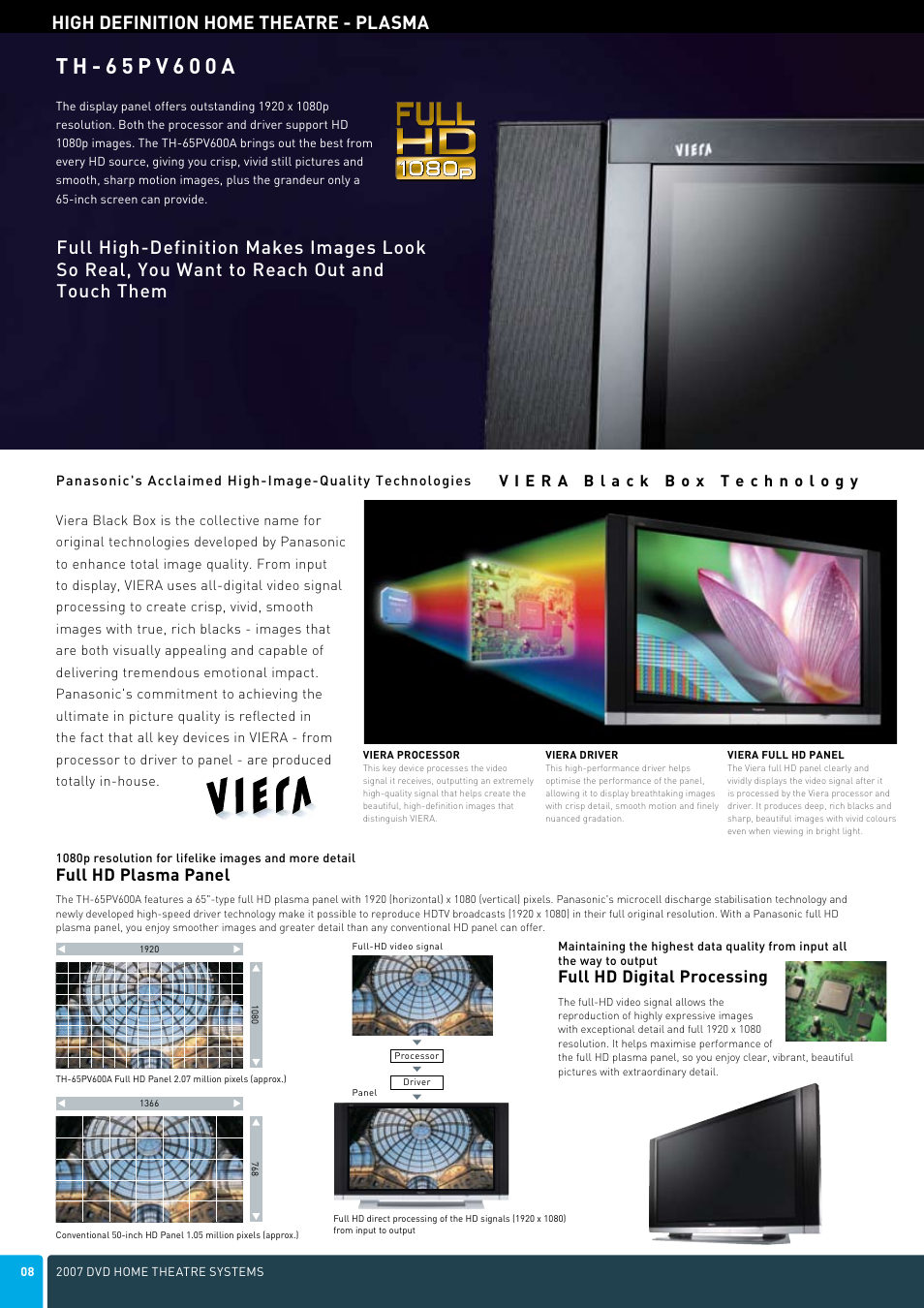 T h -   p v  0 0 a, High definition home theatre - plasma, Full hd plasma panel | Full hd digital processing | Panasonic DVD Home Theatre System User Manual | Page 8 / 36