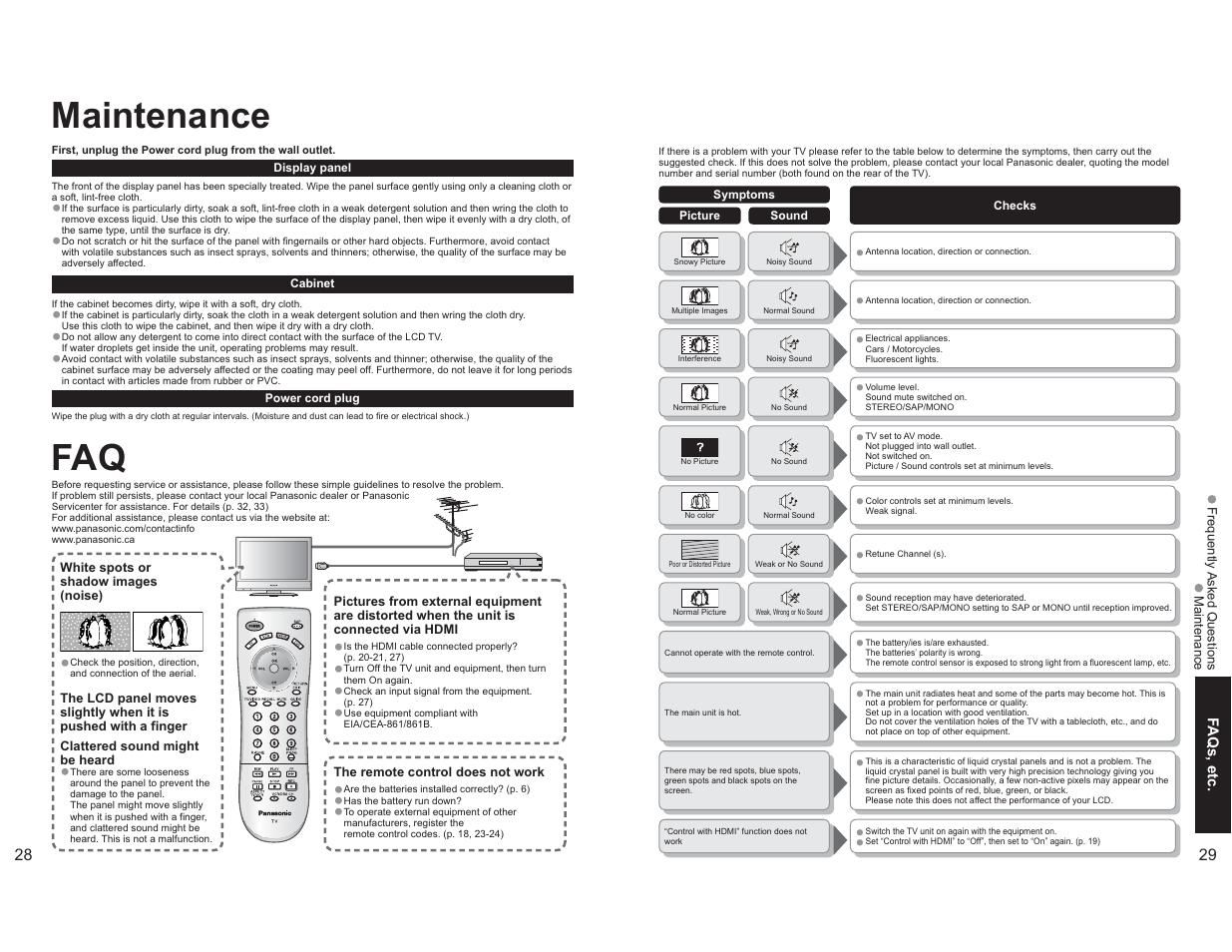 Maintenance, Faq maintenance | Panasonic TC-26LX60L User Manual | Page 15 / 32