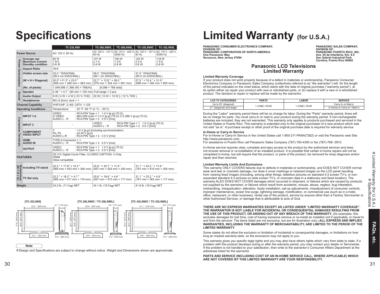 Specifications, Limited warranty (for u.s.a.), Limited warranty | For u.s.a.), Panasonic lcd televisions limited warranty, Faqs, etc | Panasonic TC-26LX60L User Manual | Page 16 / 32