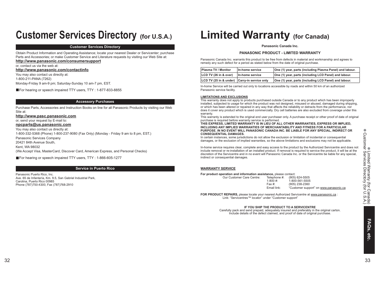 Customer services directory (for u.s.a.), Limited warranty (for canada), Customer services directory | Limited warranty, For u.s.a.), For canada) | Panasonic TC-26LX60L User Manual | Page 17 / 32