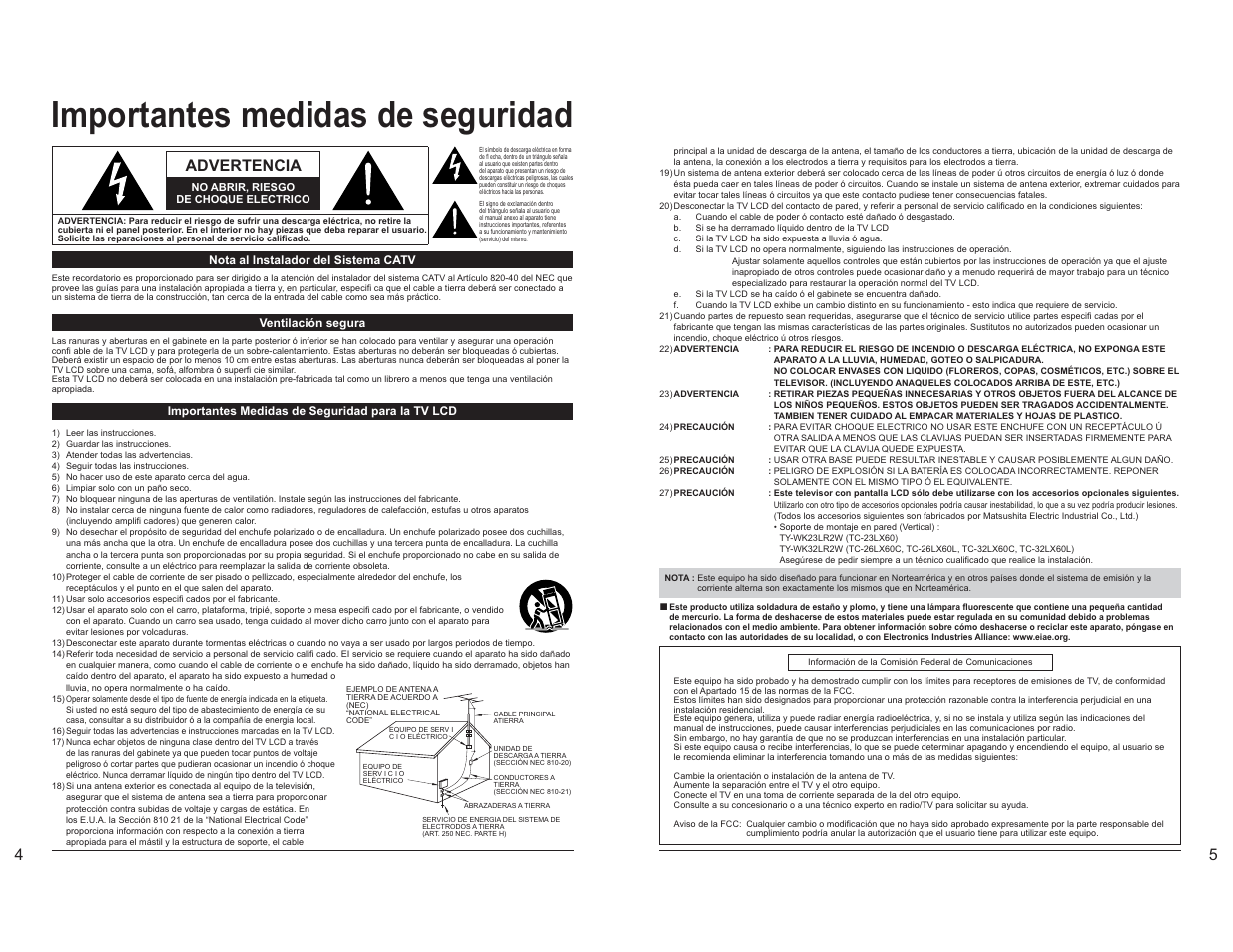 Importantes medidas de seguridad, Advertencia | Panasonic TC-26LX60L User Manual | Page 19 / 32