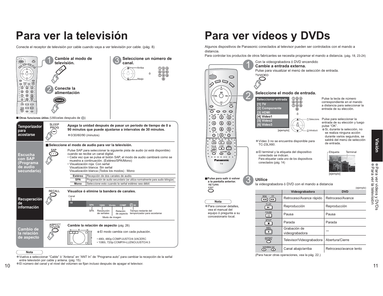 Para ver la televisión, Para ver vídeos y dvds | Panasonic TC-26LX60L User Manual | Page 22 / 32