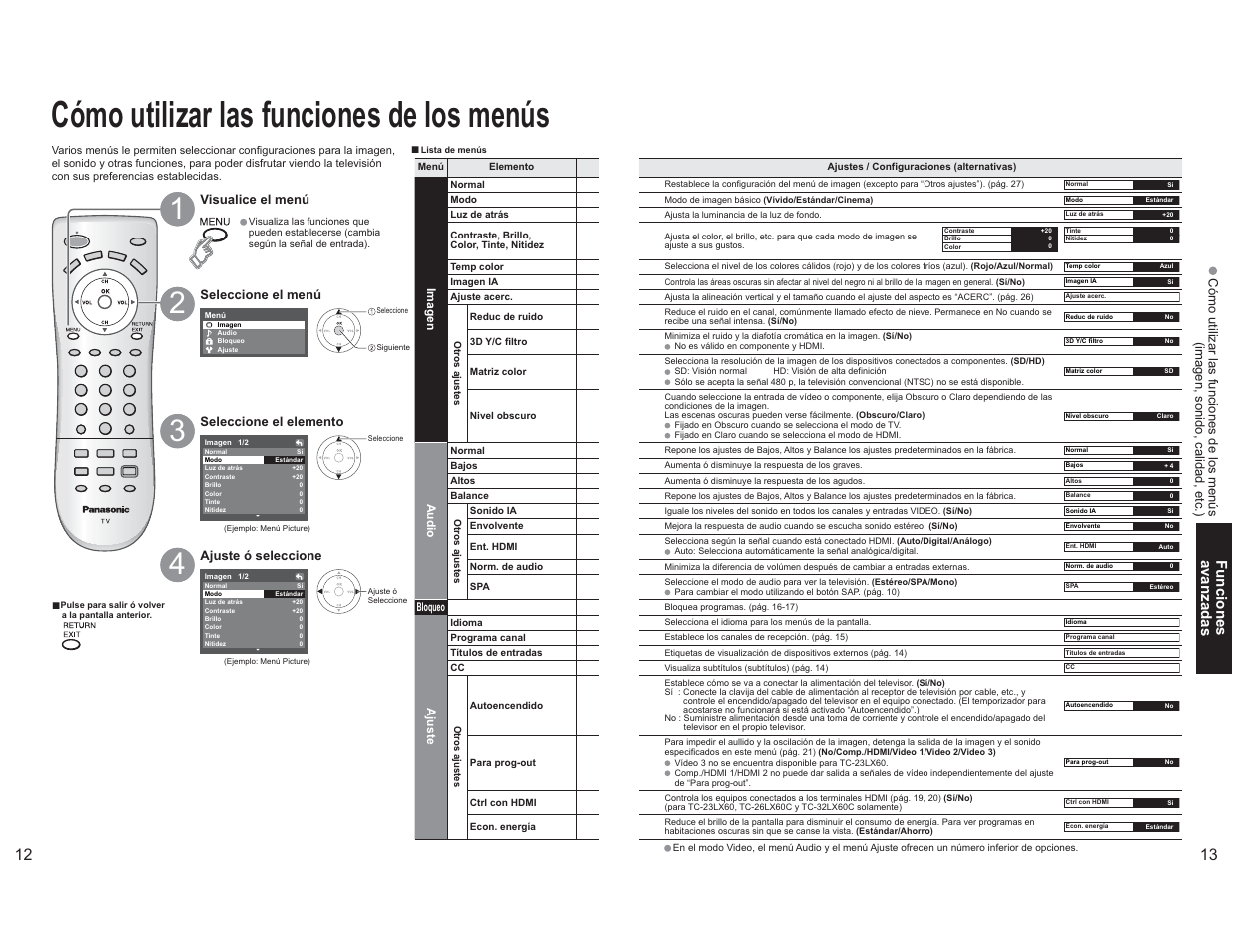Cómo utilizar las funciones de los menús, Funciones avanzadas | Panasonic TC-26LX60L User Manual | Page 23 / 32