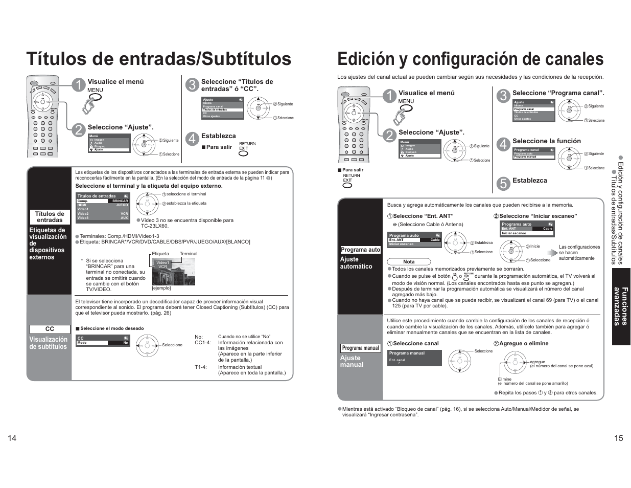 Títulos de entradas/subtítulos, Edición y configuración de canales | Panasonic TC-26LX60L User Manual | Page 24 / 32