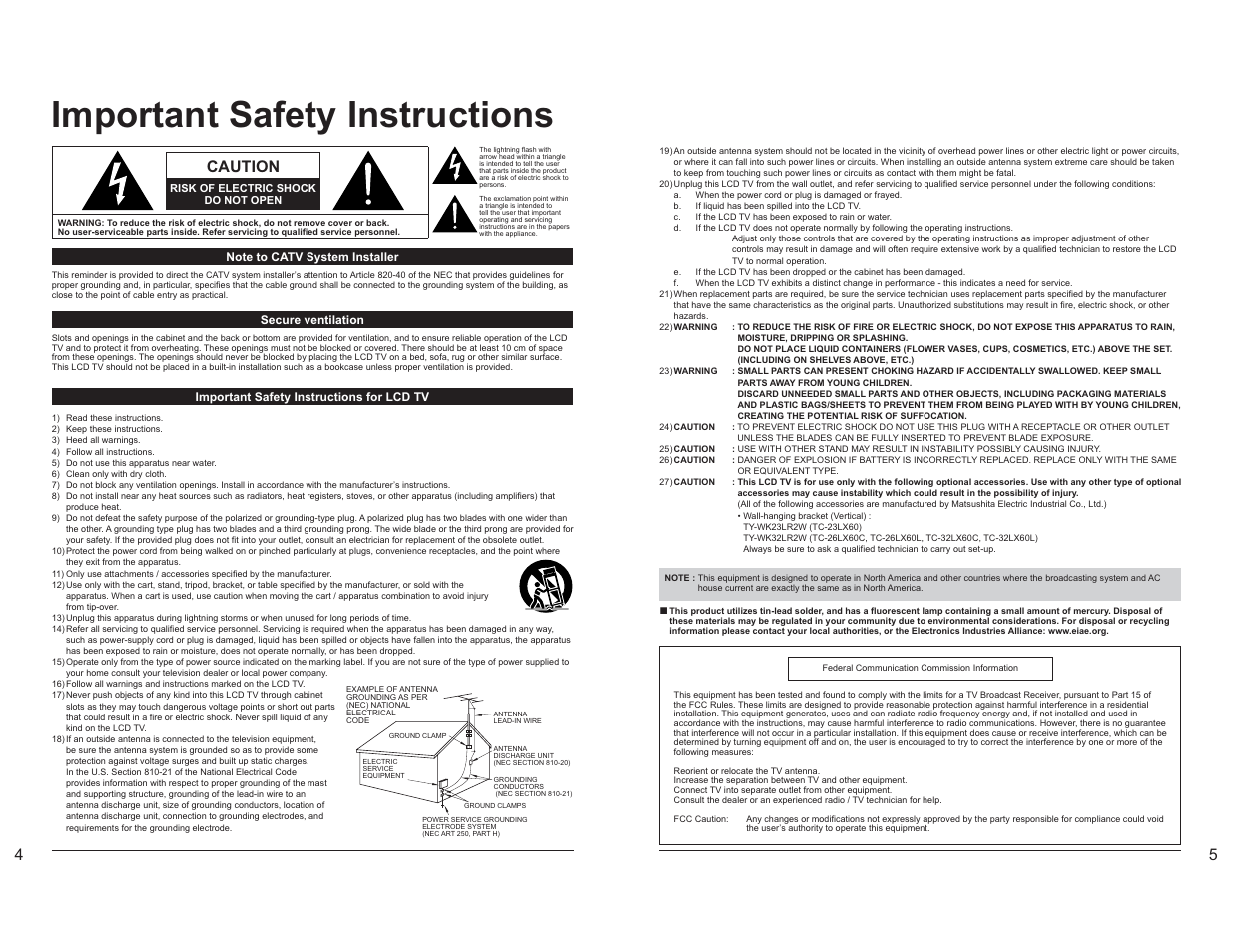 Important safety instructions, Caution | Panasonic TC-26LX60L User Manual | Page 3 / 32