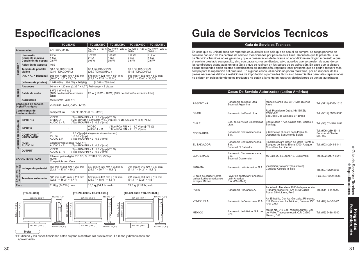 Especificaciones, Guia de servicios tecnicos, Preguntas frecuentes, etc | Panasonic TC-26LX60L User Manual | Page 32 / 32