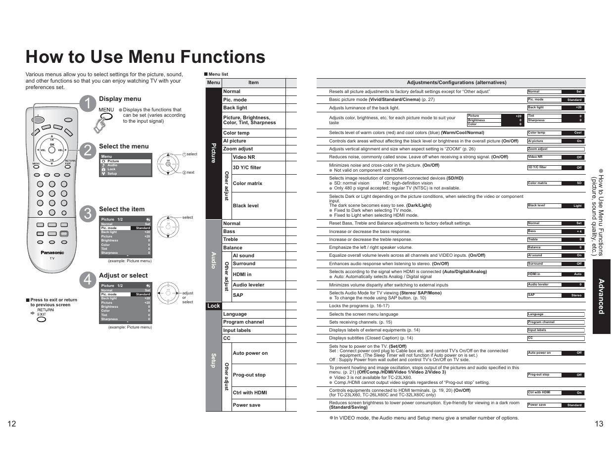 Advanced features, How to use menu functions, Advanced | Panasonic TC-26LX60L User Manual | Page 7 / 32
