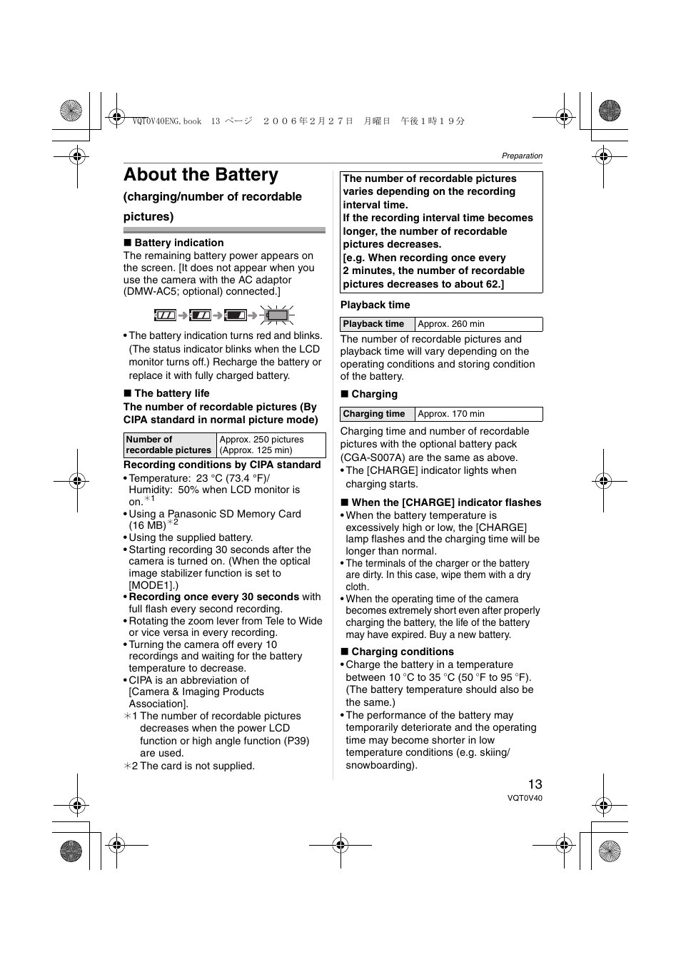 About the battery | Panasonic DMC-TZ1 User Manual | Page 13 / 124