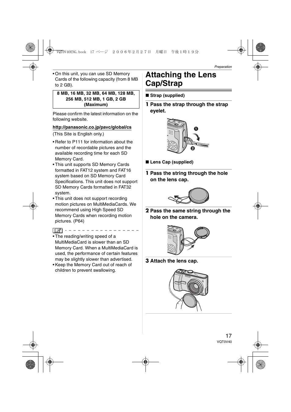 Attaching the lens cap/strap | Panasonic DMC-TZ1 User Manual | Page 17 / 124