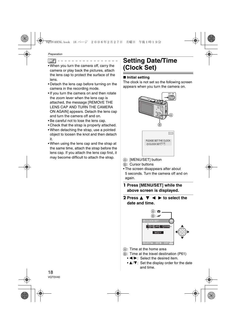 Setting date/time (clock set) | Panasonic DMC-TZ1 User Manual | Page 18 / 124