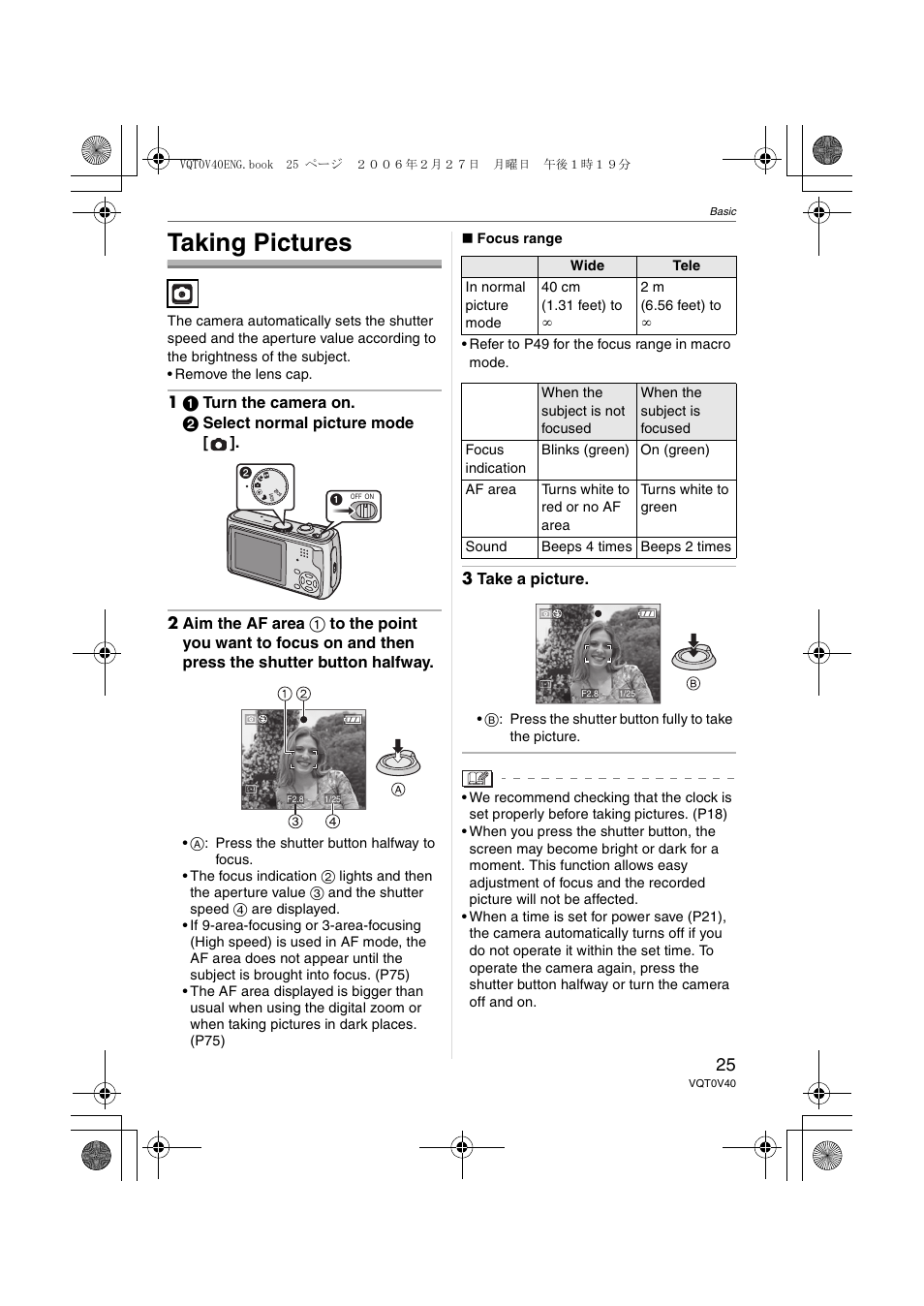 Basic, Taking pictures | Panasonic DMC-TZ1 User Manual | Page 25 / 124