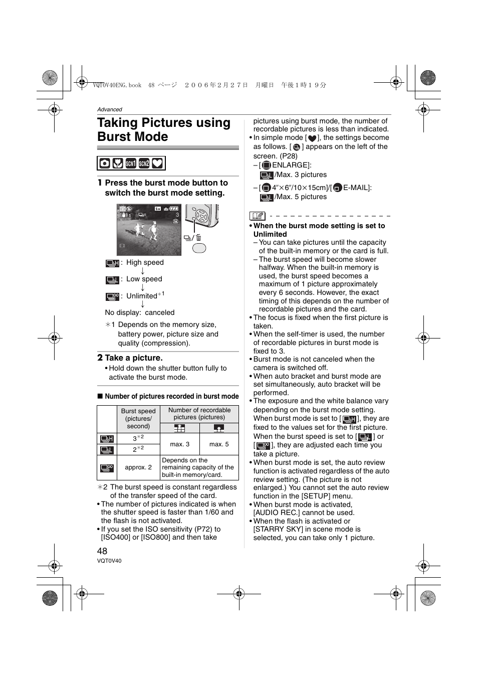 Taking pictures using burst mode | Panasonic DMC-TZ1 User Manual | Page 48 / 124