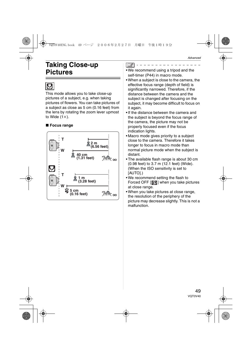Taking close-up pictures | Panasonic DMC-TZ1 User Manual | Page 49 / 124