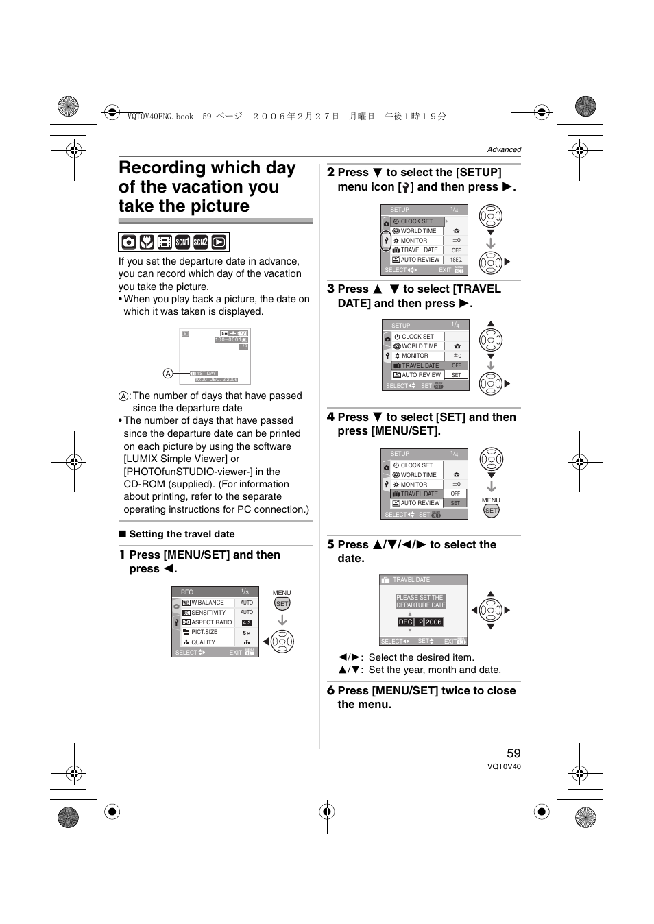 6 press [menu/set] twice to close the menu | Panasonic DMC-TZ1 User Manual | Page 59 / 124