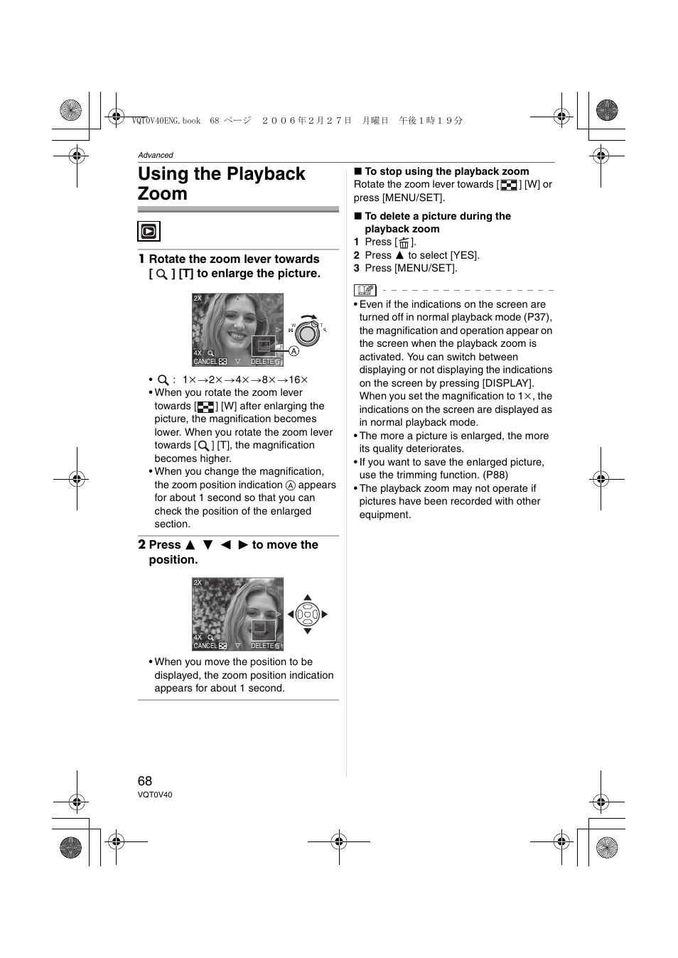 Using the playback zoom | Panasonic DMC-TZ1 User Manual | Page 68 / 124