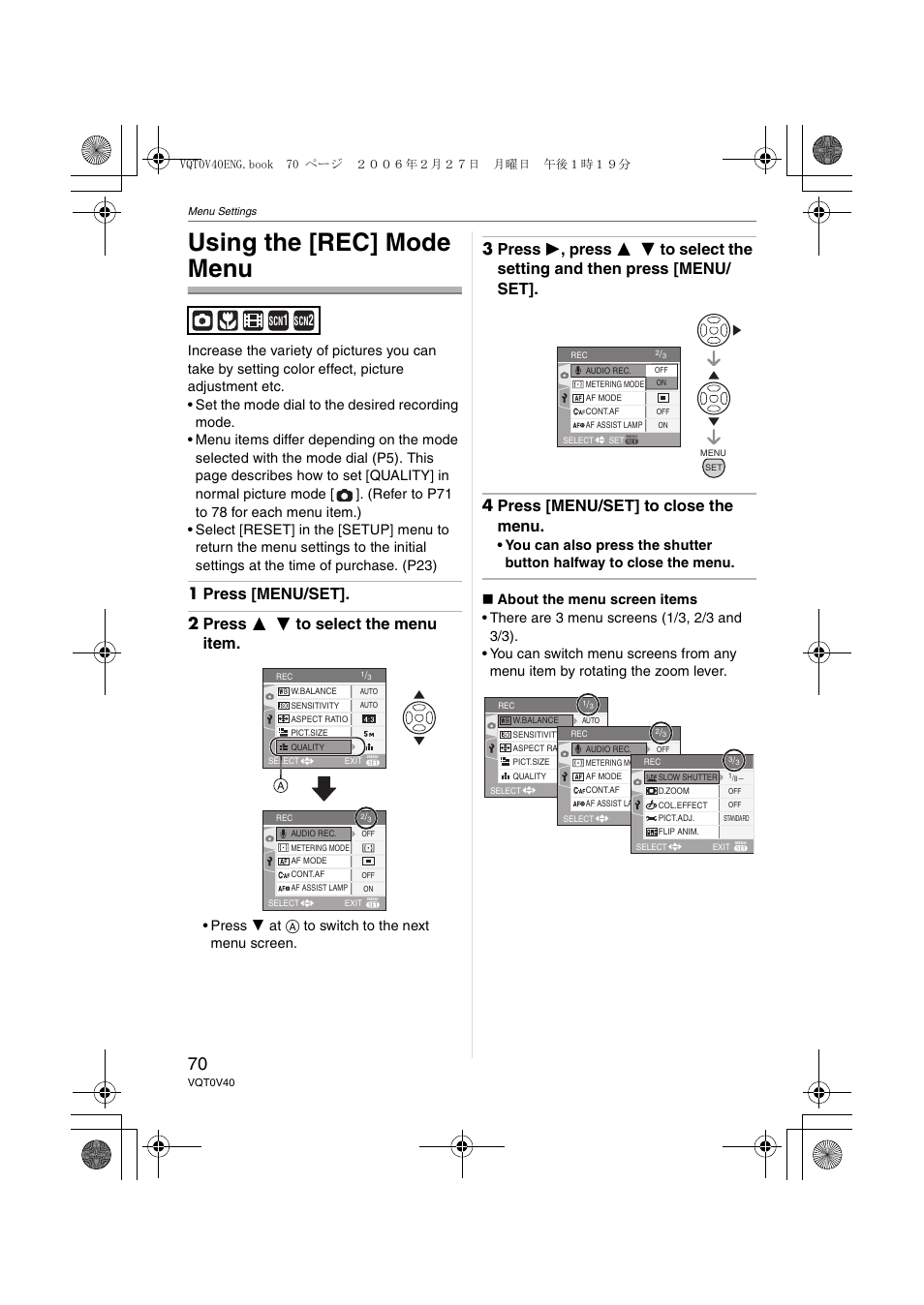 Using the [rec] mode menu, Press 4 at a to switch to the next menu screen | Panasonic DMC-TZ1 User Manual | Page 70 / 124