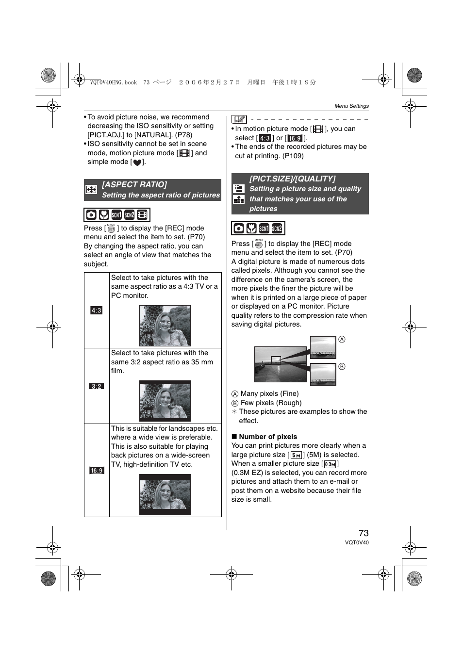 Aspect ratio, Pict.size]/[quality | Panasonic DMC-TZ1 User Manual | Page 73 / 124