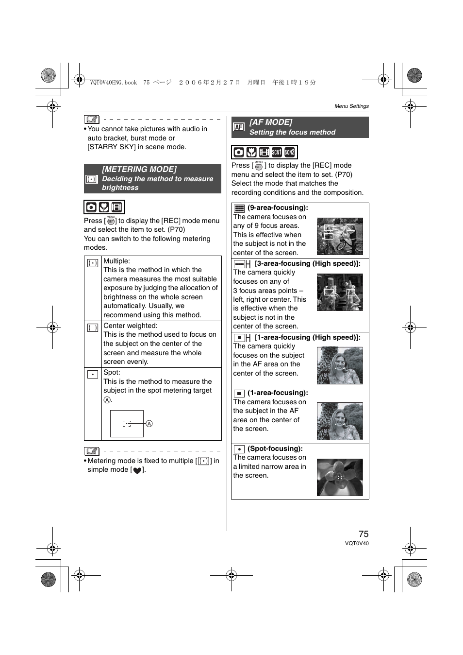 Metering mode, Af mode | Panasonic DMC-TZ1 User Manual | Page 75 / 124