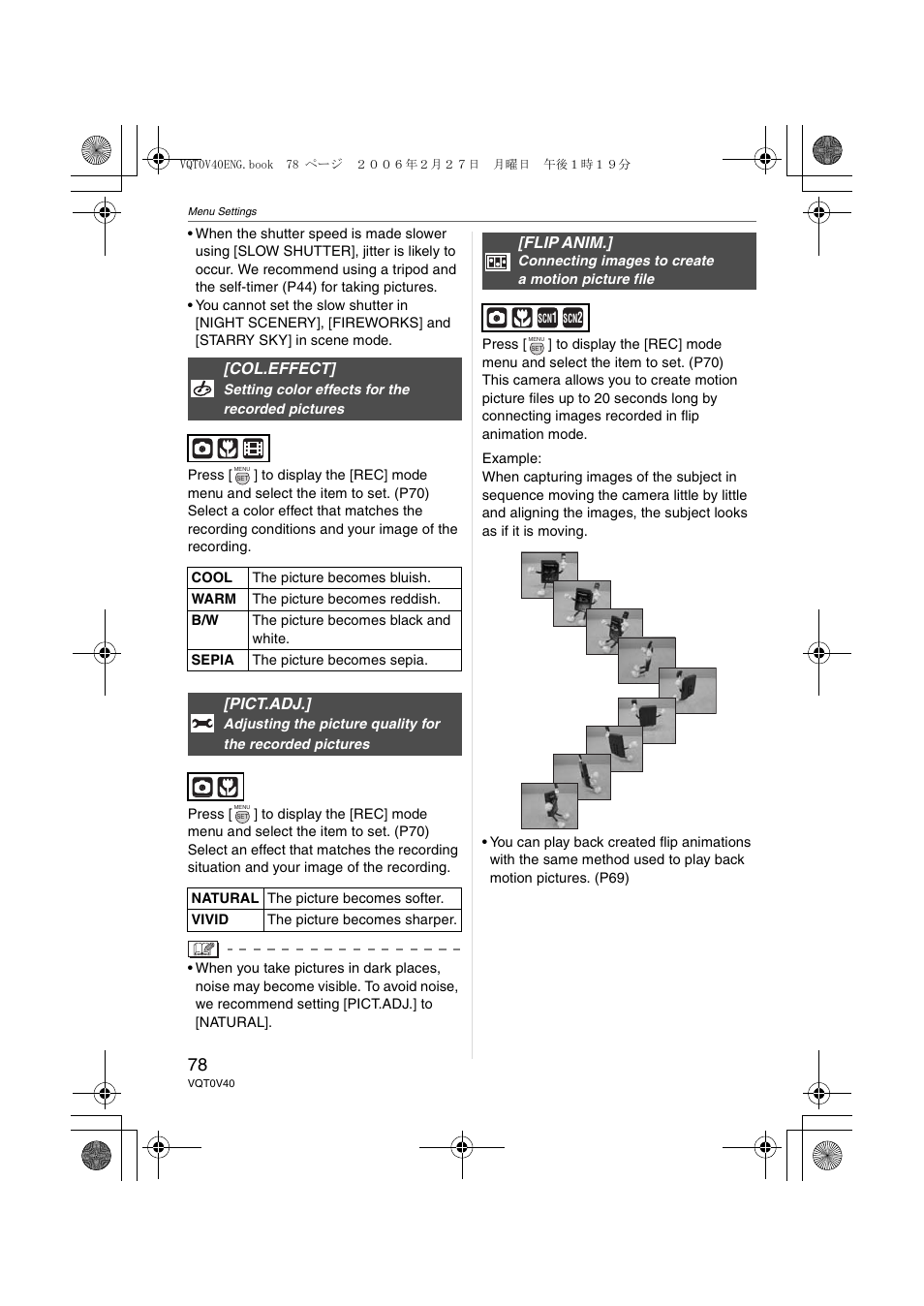 Col.effect, Pict.adj, Flip anim | Panasonic DMC-TZ1 User Manual | Page 78 / 124